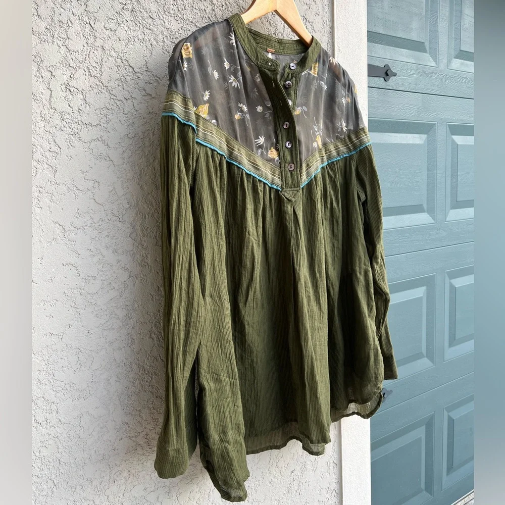 Free People Olive Green Floral Blouse